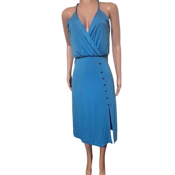Identity women's  V-neck spaghetti straps surplice turquoise casual midi dress S - Picture 5 of 7
